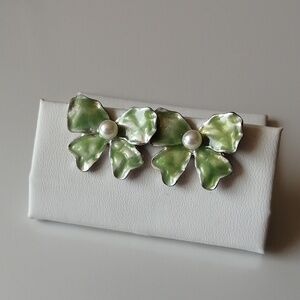 Vintage Faux Pearl Light Green Enamel Bow Silverton Earrings